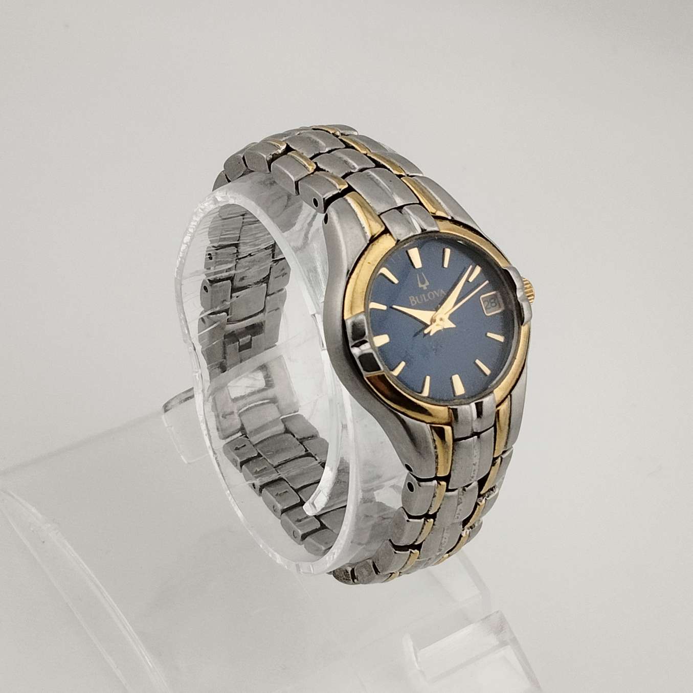 I Like Mikes Mid Century Modern Watches Bulova Petite Watch, Silver Tone, Circular Blue Dial, Date Window, Gold Tone Accents, Bracelet Strap