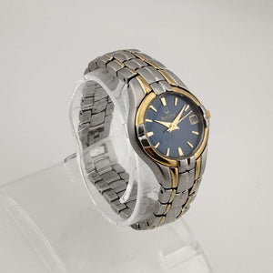 I Like Mikes Mid Century Modern Watches Bulova Petite Watch, Silver Tone, Circular Blue Dial, Date Window, Gold Tone Accents, Bracelet Strap