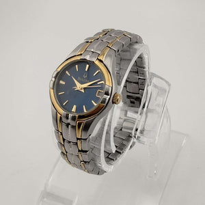 I Like Mikes Mid Century Modern Watches Bulova Petite Watch, Silver Tone, Circular Blue Dial, Date Window, Gold Tone Accents, Bracelet Strap