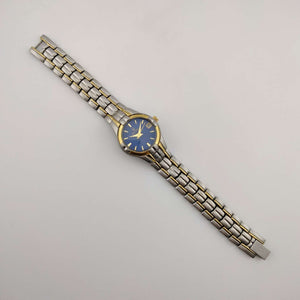 I Like Mikes Mid Century Modern Watches Bulova Petite Watch, Silver Tone, Circular Blue Dial, Date Window, Gold Tone Accents, Bracelet Strap