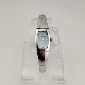 I Like Mikes Mid Century Modern Watches Bulova Petite Women's Silver Tone Watch, Blue Rectangular Dial, Thin Bracelet Strap