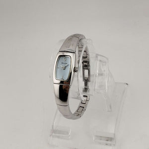 I Like Mikes Mid Century Modern Watches Bulova Petite Women's Silver Tone Watch, Blue Rectangular Dial, Thin Bracelet Strap