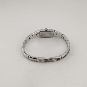 I Like Mikes Mid Century Modern Watches Bulova Petite Women's Silver Tone Watch, Blue Rectangular Dial, Thin Bracelet Strap