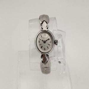 I Like Mikes Mid Century Modern Watches Bulova Petite Women's Silver Tone Watch, Oval Dial, Bracelet Strap