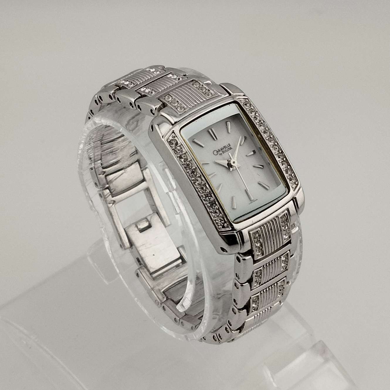 I Like Mikes Mid Century Modern Watches Bulova Petite Women's Watch, Silver Tone, White Rectangular Dial, Bracelet Strap