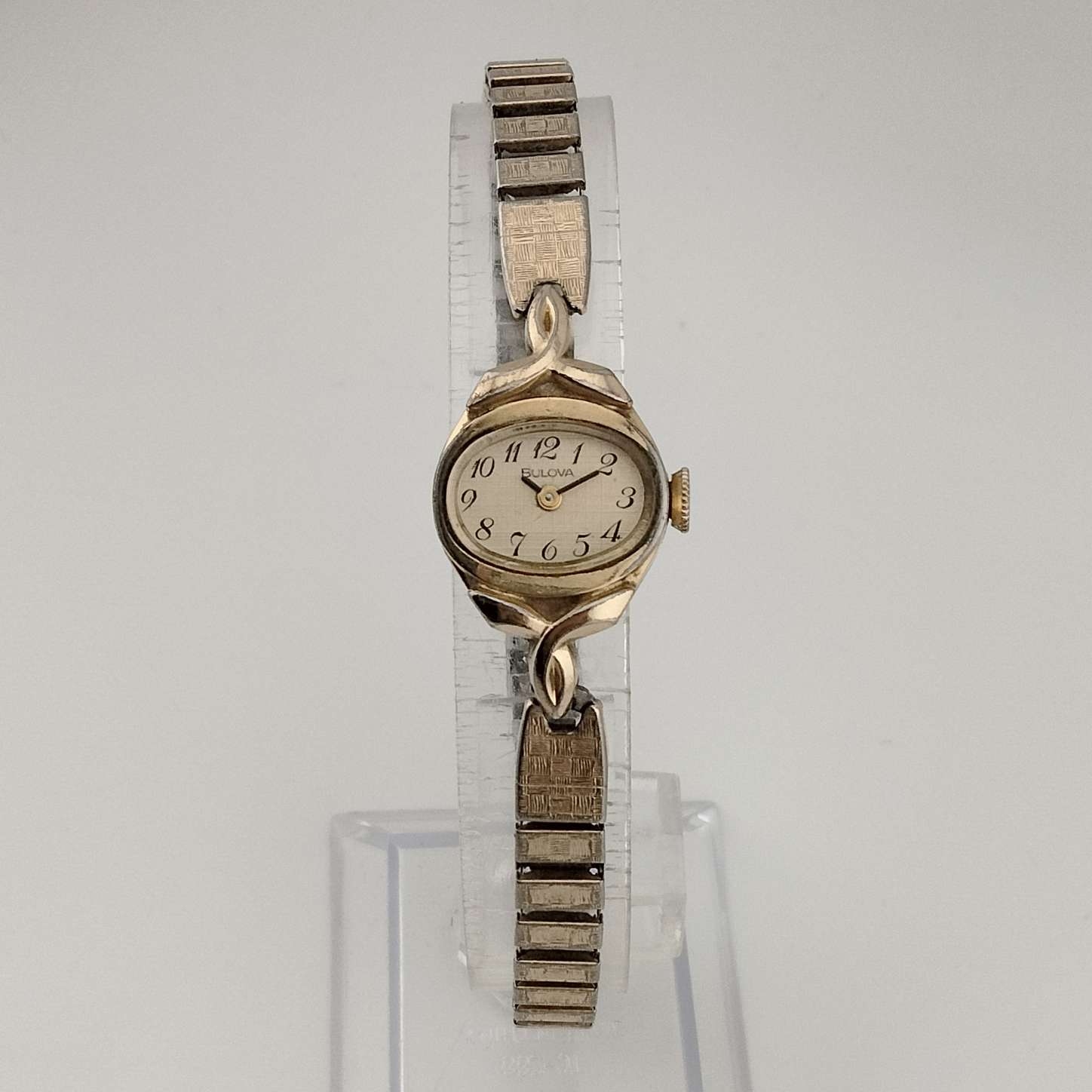 I Like Mikes Mid Century Modern Watches Bulova Quartz Petite Gold Tone Watch, Oval Dial, Stretch Strap