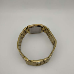 I Like Mikes Mid Century Modern Watches Bulova Quartz Petite Gold Tone Watch, Rectangular Dial, Bracelet Strap