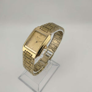 I Like Mikes Mid Century Modern Watches Bulova Quartz Petite Gold Tone Watch, Rectangular Dial, Bracelet Strap