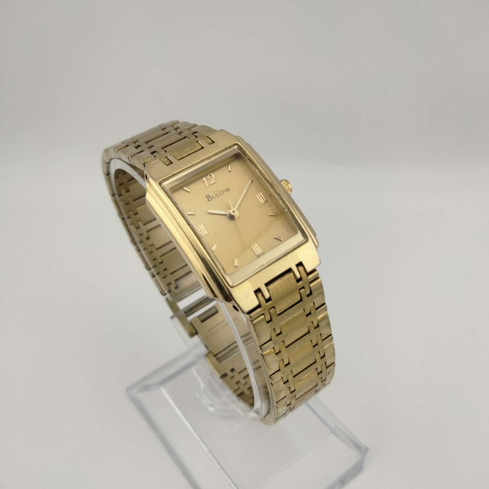 I Like Mikes Mid Century Modern Watches Bulova Quartz Petite Gold Tone Watch, Rectangular Dial, Bracelet Strap