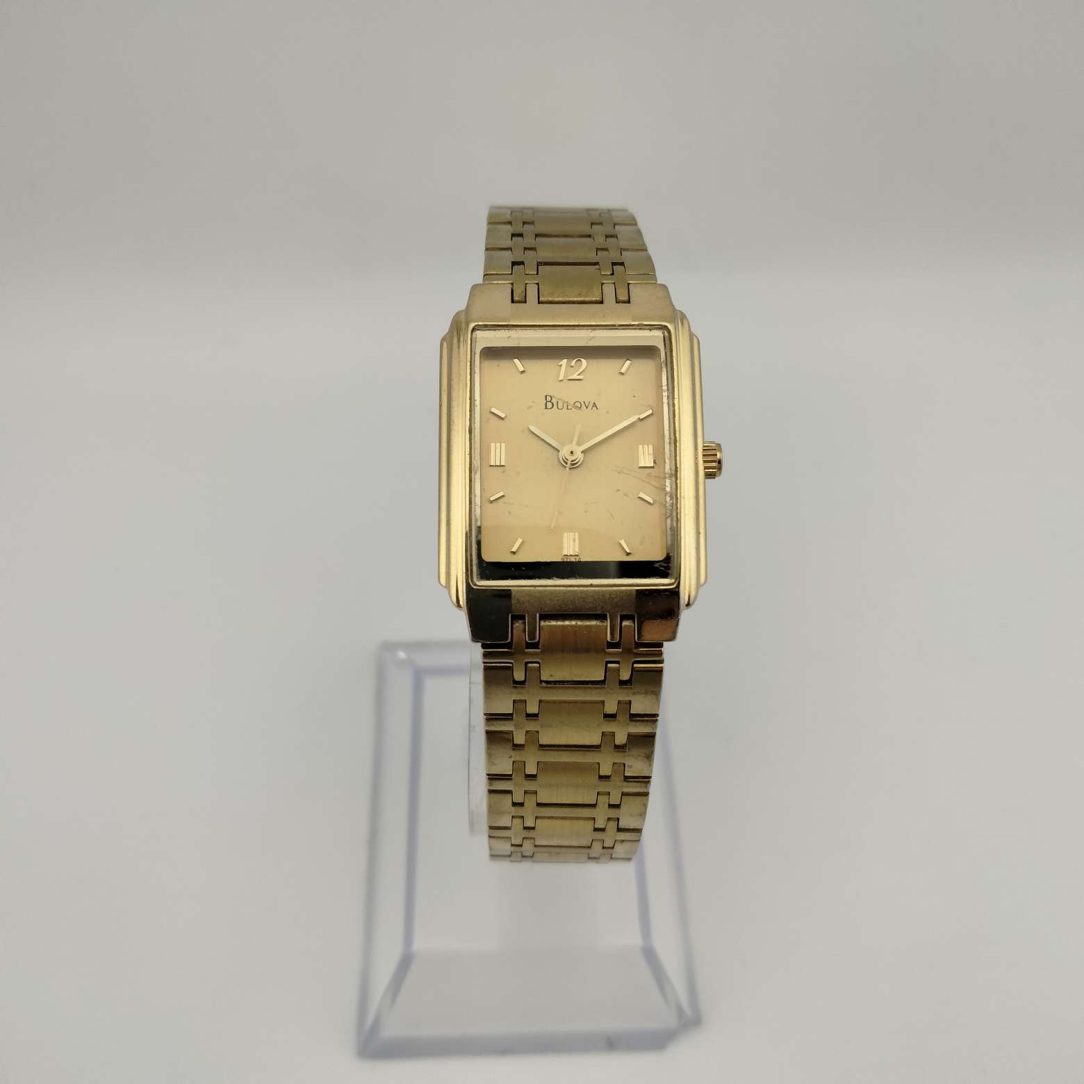 I Like Mikes Mid Century Modern Watches Bulova Quartz Petite Gold Tone Watch, Rectangular Dial, Bracelet Strap