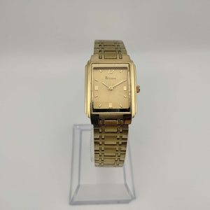 I Like Mikes Mid Century Modern Watches Bulova Quartz Petite Gold Tone Watch, Rectangular Dial, Bracelet Strap