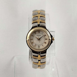 I Like Mikes Mid Century Modern Watches Bulova Silver and Gold Tone Watch, Mother of Pearl Dial, Linked Bracelet Strap