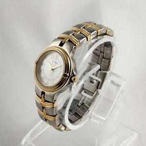 I Like Mikes Mid Century Modern Watches Bulova Silver and Gold Tone Watch, Mother of Pearl Dial, Linked Bracelet Strap