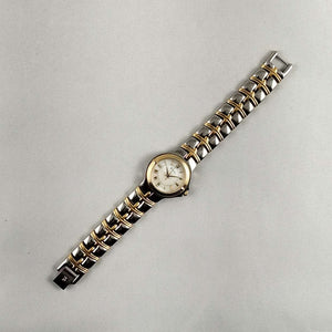 I Like Mikes Mid Century Modern Watches Bulova Silver and Gold Tone Watch, Mother of Pearl Dial, Linked Bracelet Strap