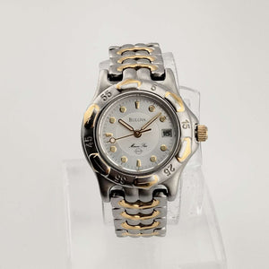 I Like Mikes Mid Century Modern Watches Bulova Silver Tone Watch with Gold Accents, Circular Dial, Date Window, Bracelet Strap