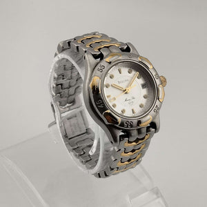I Like Mikes Mid Century Modern Watches Bulova Silver Tone Watch with Gold Accents, Circular Dial, Date Window, Bracelet Strap