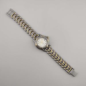 I Like Mikes Mid Century Modern Watches Bulova Silver Tone Watch with Gold Accents, Circular Dial, Date Window, Bracelet Strap