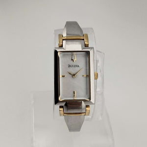 I Like Mikes Mid Century Modern Watches Bulova Silver Tone Woman's Watch, Gold Tone Accents, Rectangular Mother of Pearl Dial, Mixed Metals