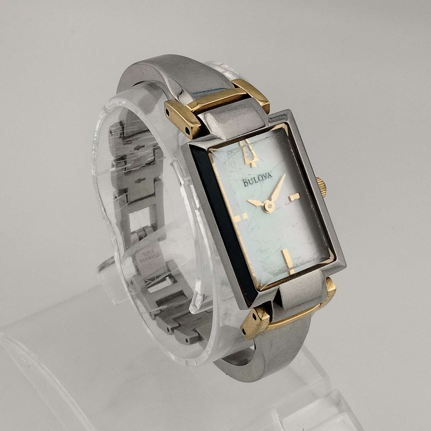 I Like Mikes Mid Century Modern Watches Bulova Silver Tone Woman's Watch, Gold Tone Accents, Rectangular Mother of Pearl Dial, Mixed Metals