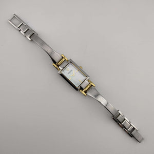 I Like Mikes Mid Century Modern Watches Bulova Silver Tone Woman's Watch, Gold Tone Accents, Rectangular Mother of Pearl Dial, Mixed Metals