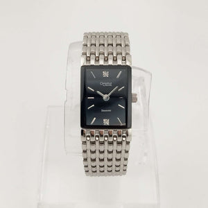 I Like Mikes Mid Century Modern Watches Bulova Silver Tone Women's Watch, Black Rectangular Dial, Jewel Details, Bracelet Strap