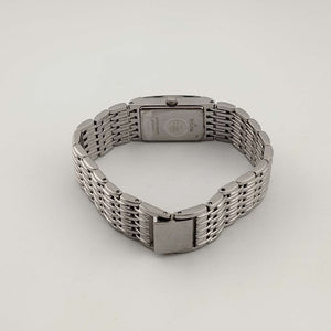 I Like Mikes Mid Century Modern Watches Bulova Silver Tone Women's Watch, Black Rectangular Dial, Jewel Details, Bracelet Strap