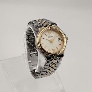 I Like Mikes Mid Century Modern Watches Bulova Unisex Silver Tone Watch, Gold Tone Details, Circular Dial, Date Window, Bracelet Strap
