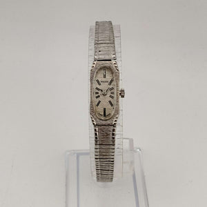 I Like Mikes Mid Century Modern Watches Bulova Women's  Petite Silver Tone Watch, Elongated Oval Dial, Stripe Patterning, Adjustable Bracelet Strap