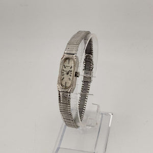 I Like Mikes Mid Century Modern Watches Bulova Women's  Petite Silver Tone Watch, Elongated Oval Dial, Stripe Patterning, Adjustable Bracelet Strap