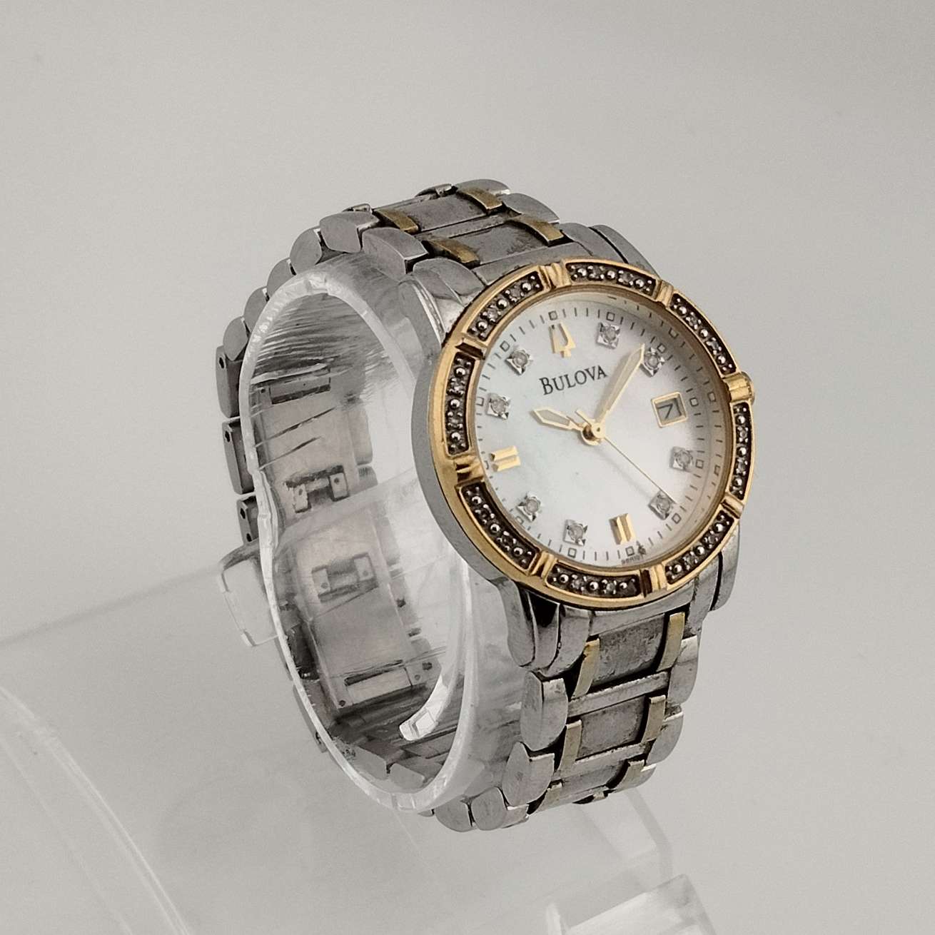 I Like Mikes Mid Century Modern Watches Bulova Women's Silver and Gold Tone Watch, Mother of Pearl Dial, Date Window, Bracelet Strap