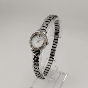I Like Mikes Mid Century Modern Watches Bulova Women's Silver Tone Watch, Circular Mother of Pearl Dial, Jeweled Bezel, Stretch Strap