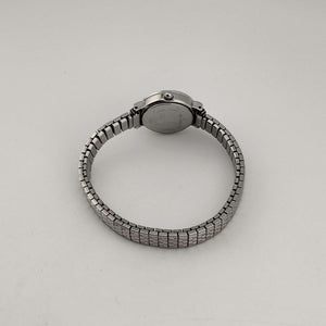 I Like Mikes Mid Century Modern Watches Bulova Women's Silver Tone Watch, Circular Mother of Pearl Dial, Jeweled Bezel, Stretch Strap