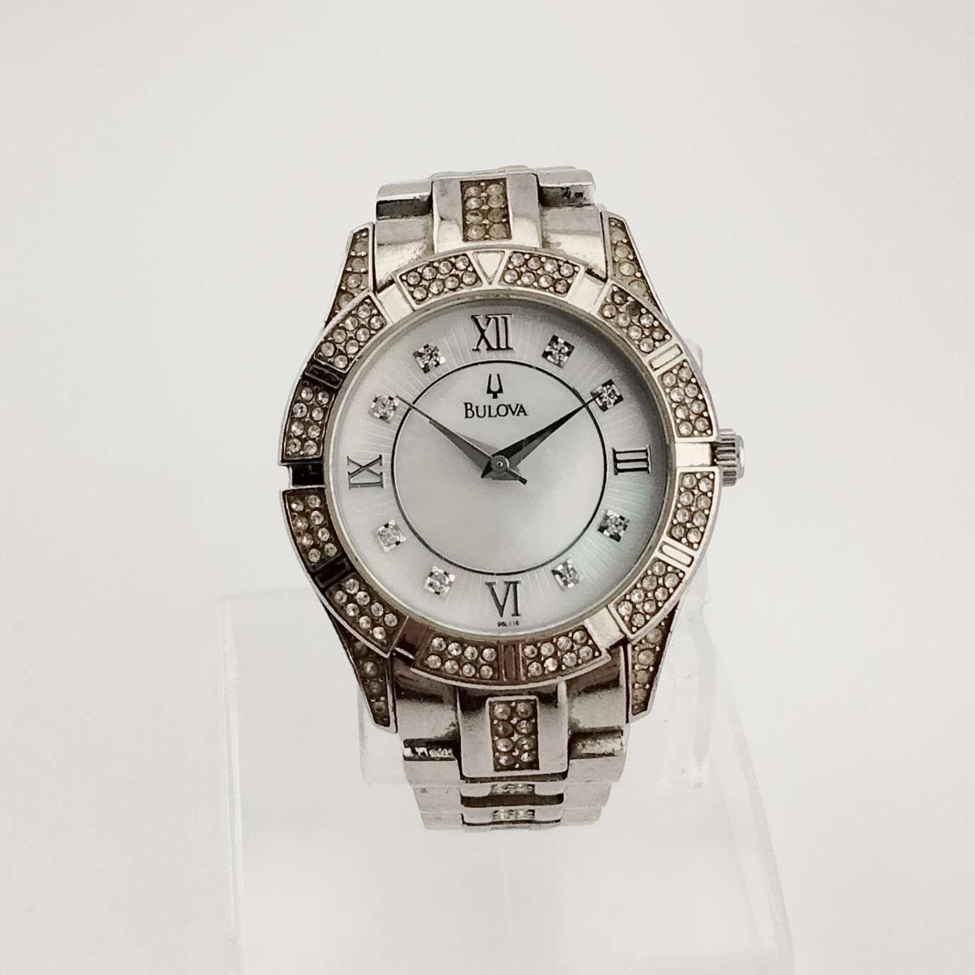 I Like Mikes Mid Century Modern Watches Bulova Women's Silver Tone Watch, Mother of Pearl Dial, Bracelet Strap