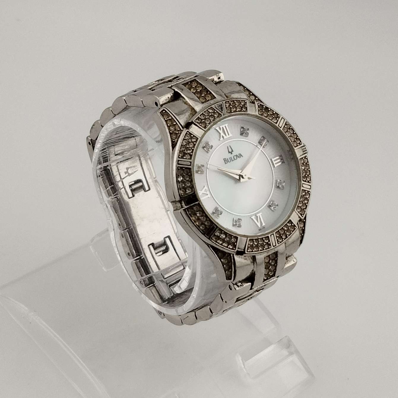 I Like Mikes Mid Century Modern Watches Bulova Women's Silver Tone Watch, Mother of Pearl Dial, Bracelet Strap