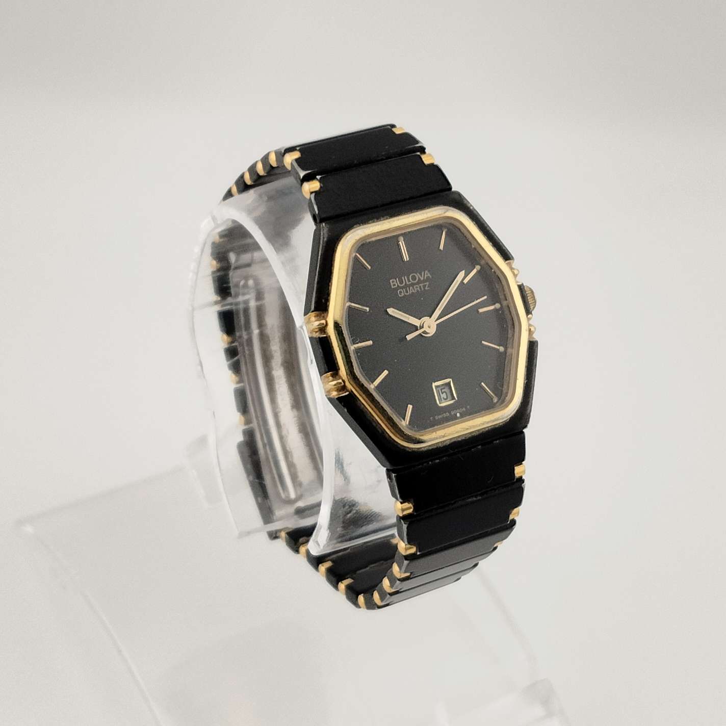 I Like Mikes Mid Century Modern Watches Bulova Women's Watch, Black Octagonal Dial, Gold Tone Details, Date Window, Link Strap
