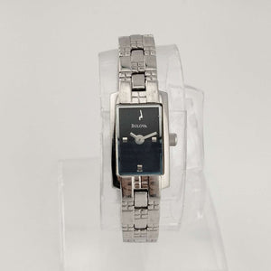 I Like Mikes Mid Century Modern Watches Bulova Women's Watch, Silver Tone, Black Rectangular Dial, Bracelet Strap