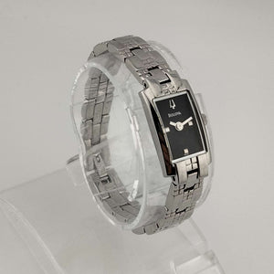 I Like Mikes Mid Century Modern Watches Bulova Women's Watch, Silver Tone, Black Rectangular Dial, Bracelet Strap