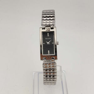 I Like Mikes Mid Century Modern Watches Bulova Women's Watch, Silver Tone, Minimal Black Rectangular Dial, Stretch Strap