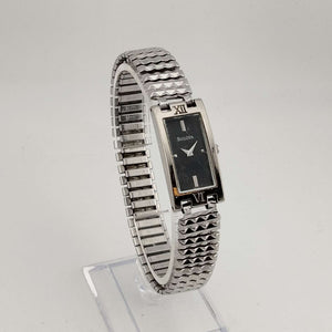 I Like Mikes Mid Century Modern Watches Bulova Women's Watch, Silver Tone, Minimal Black Rectangular Dial, Stretch Strap