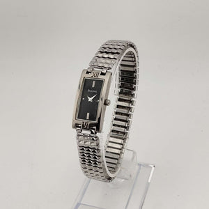 I Like Mikes Mid Century Modern Watches Bulova Women's Watch, Silver Tone, Minimal Black Rectangular Dial, Stretch Strap