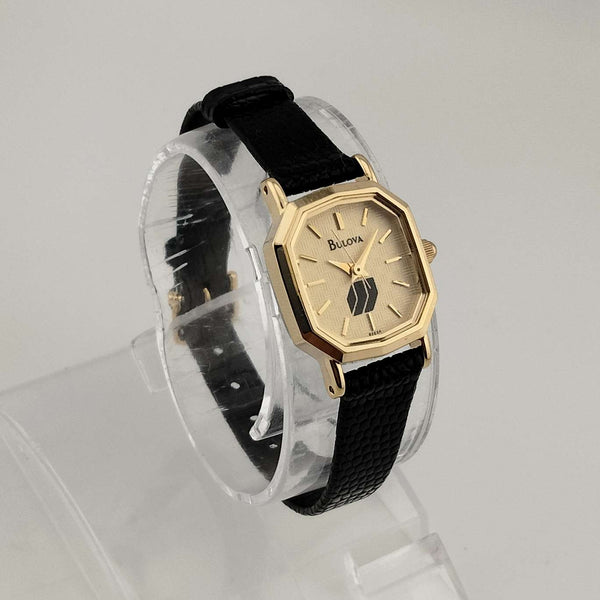 Bulova Women's Watch, Unique Gold Tone Decagon Dial, Genuine Black Lea ...