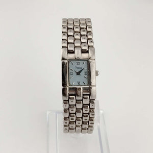 I Like Mikes Mid Century Modern Watches Caravelle Bulova Petite Watch, Silver Tone, Rectangular Slate Blue Dial, Bracelet Strap