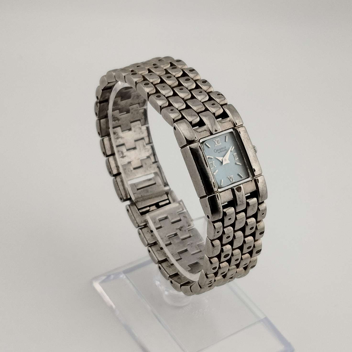 I Like Mikes Mid Century Modern Watches Caravelle Bulova Petite Watch, Silver Tone, Rectangular Slate Blue Dial, Bracelet Strap