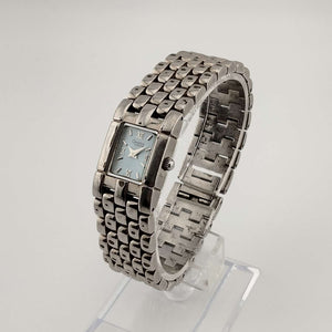 I Like Mikes Mid Century Modern Watches Caravelle Bulova Petite Watch, Silver Tone, Rectangular Slate Blue Dial, Bracelet Strap