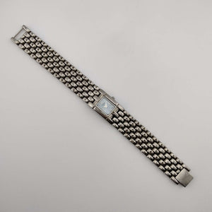 I Like Mikes Mid Century Modern Watches Caravelle Bulova Petite Watch, Silver Tone, Rectangular Slate Blue Dial, Bracelet Strap