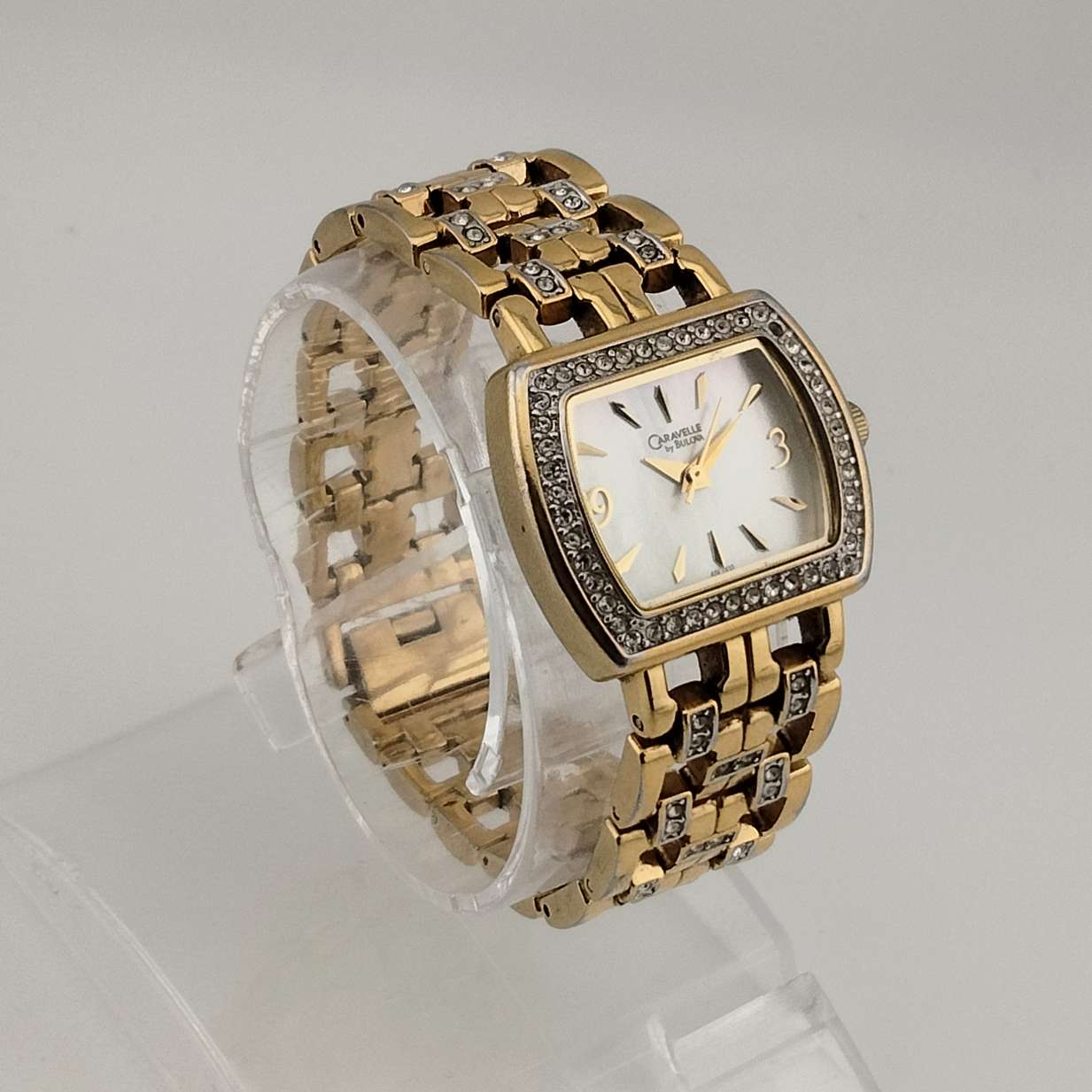 I Like Mikes Mid Century Modern Watches Caravelle by Bulova Gold Tone Women's Watch, Mother of Pearl Dial, Linked Bracelet Strap