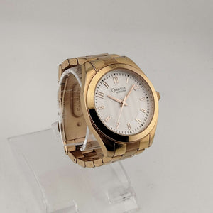 I Like Mikes Mid Century Modern Watches Caravelle by Bulova Men's Large Gold Tone Watch, White Round Dial, Bracelet Strap