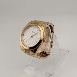 I Like Mikes Mid Century Modern Watches Caravelle by Bulova Men's Large Gold Tone Watch, White Round Dial, Bracelet Strap