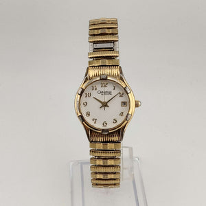 I Like Mikes Mid Century Modern Watches Caravelle by Bulova Unisex Gold Tone Quartz Watch, White Round Dial, Date Window, Stretch Strap