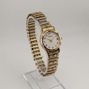 I Like Mikes Mid Century Modern Watches Caravelle by Bulova Unisex Gold Tone Quartz Watch, White Round Dial, Date Window, Stretch Strap